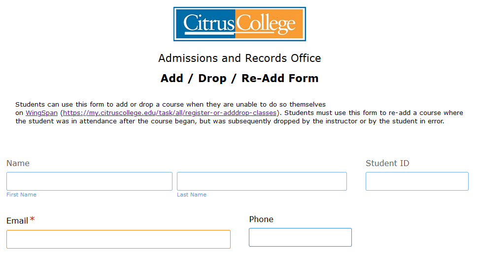 Re-Add, Add, Drop, Section Transfer Form (Formstack) | All Markets